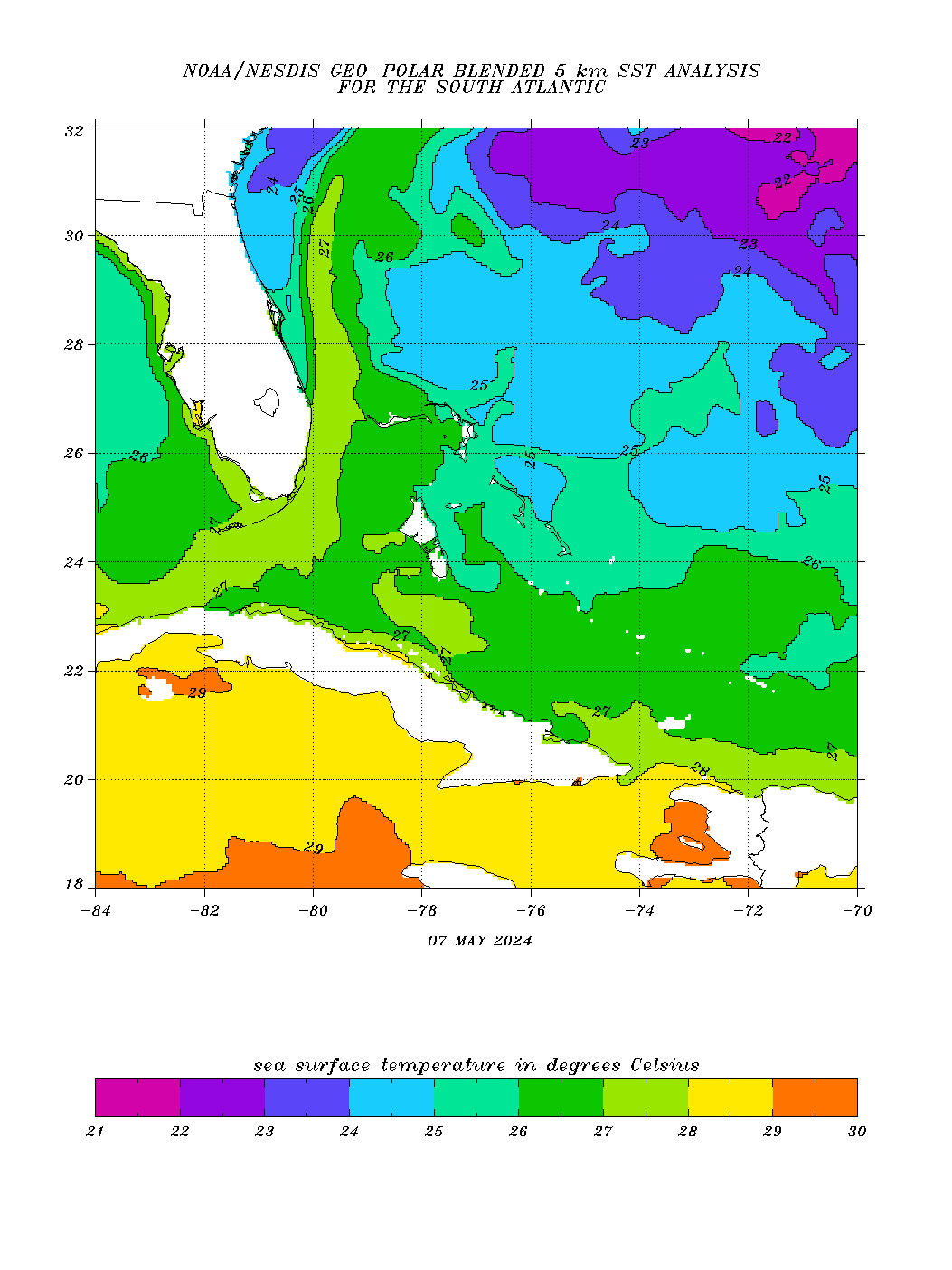 Water temperature west Atlantic and Caribbean sea
