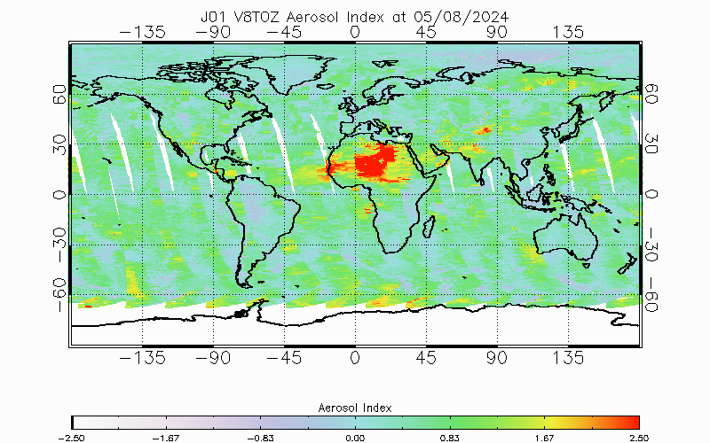 Yesterday OMPS V8TOZ Aerosol Index from Daily Product