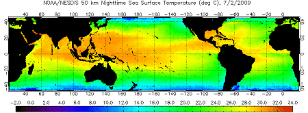 Global map of SSTs for July 2, 2009