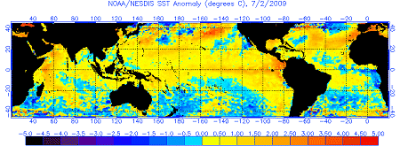 Global map of SST anomalies for July 2, 2009