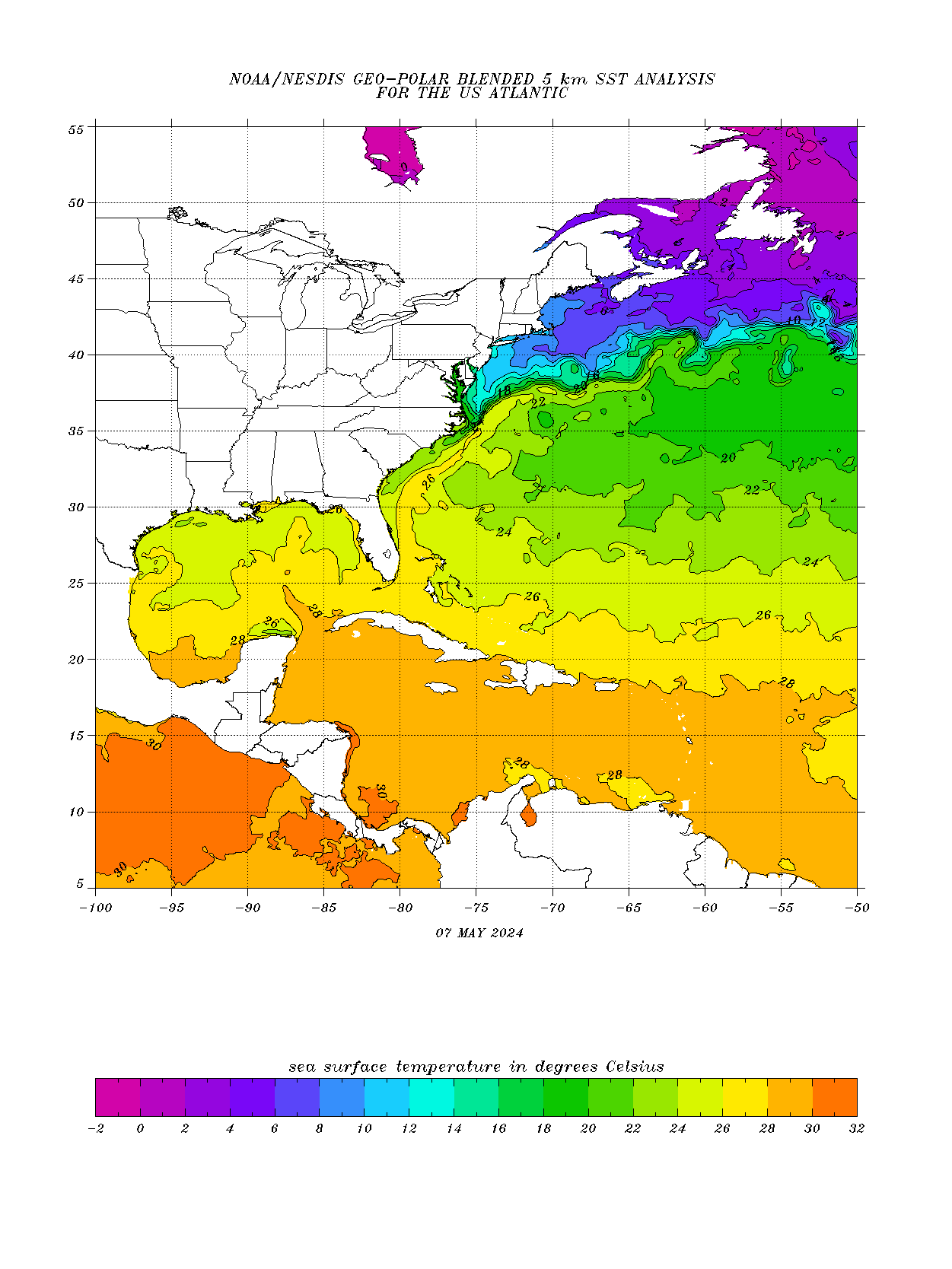 Caribbean water temperature map